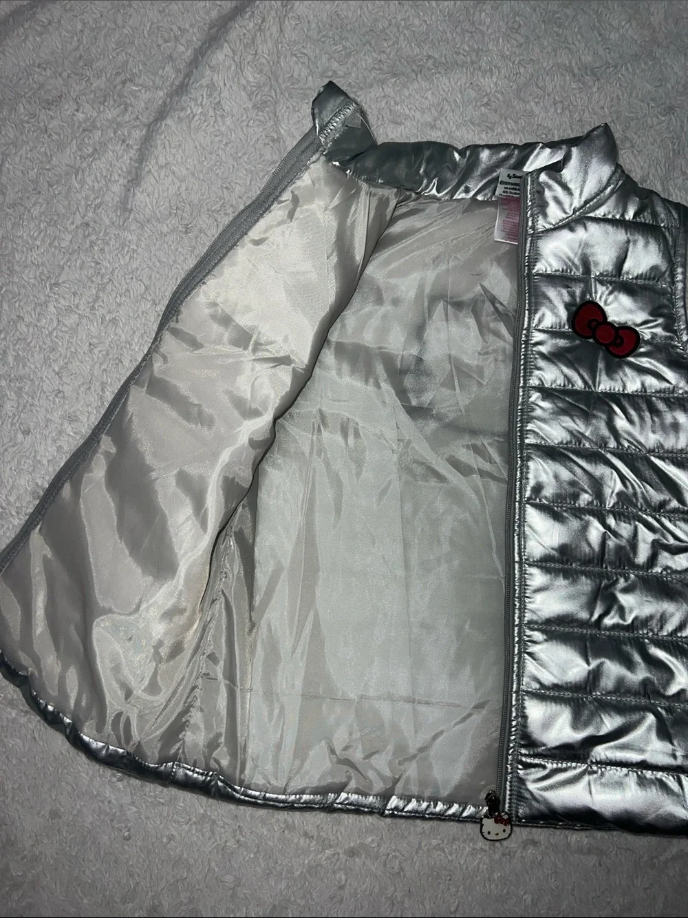 Hello Kitty Metallic Silver Quilted Puffer Vest with Pink Bow Patch